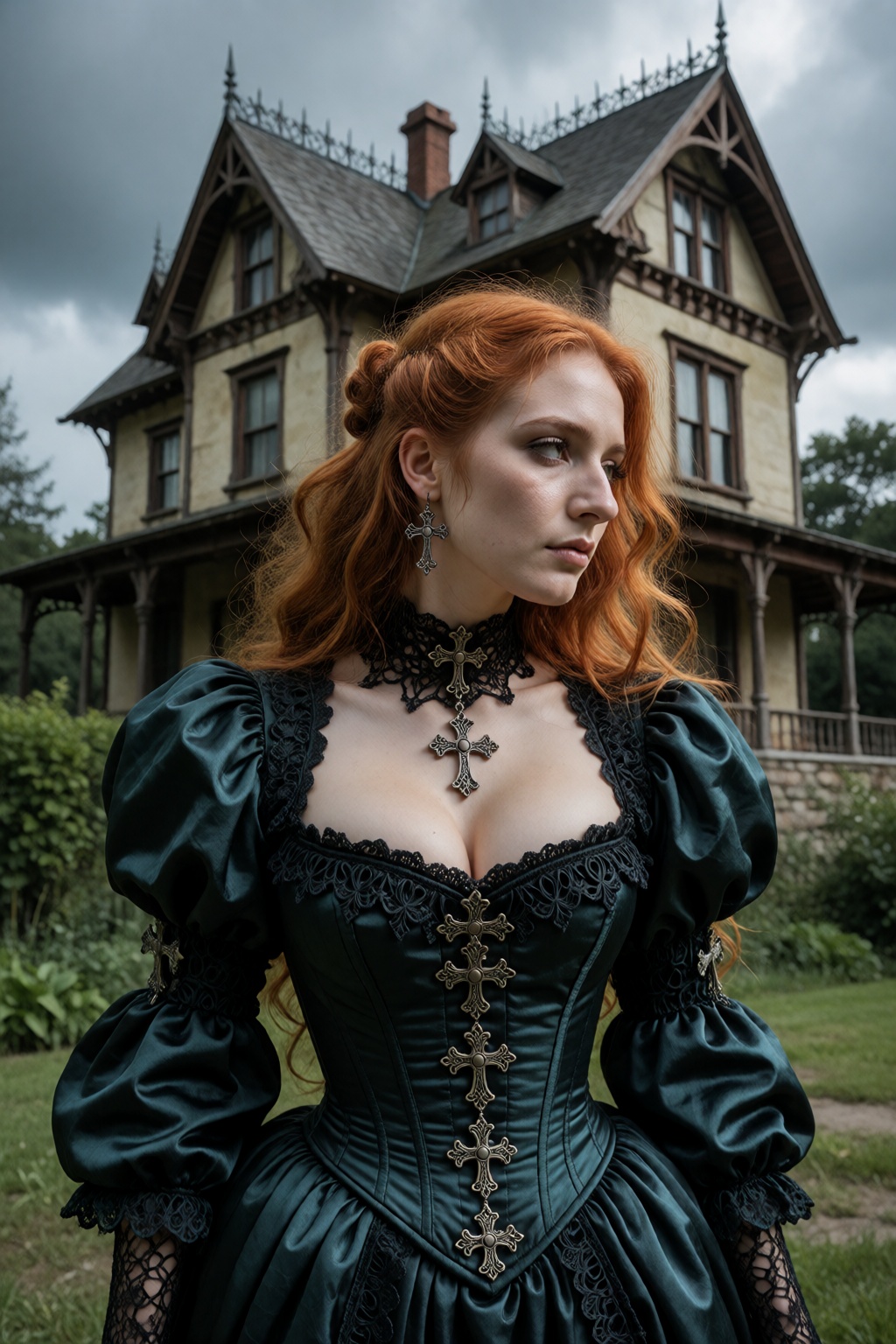 A cinematic,  medium-shot photograph of a solemn woman with long,  wavy on Tensor.Art