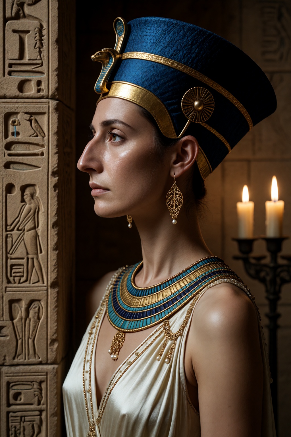 A cinematic,  high-resolution medium close-up portrait of a dignified young woman resembling an ancient Egyptian queen,  c...