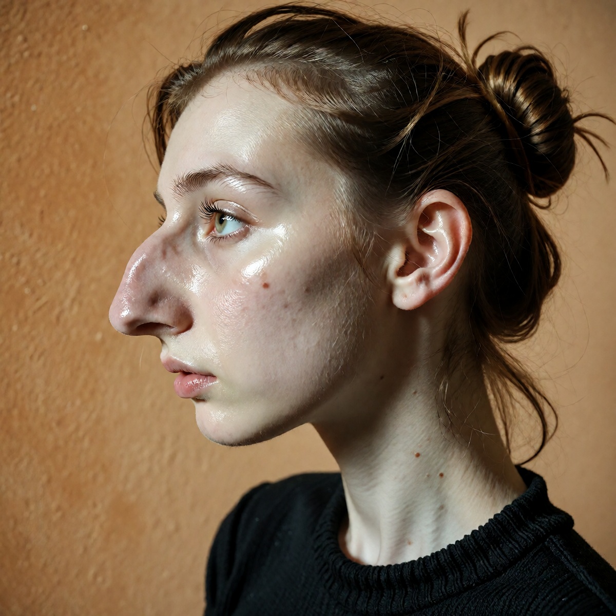 A professional studio close-up profile photograph of a young woman with a unique,  striking facial structure. The woman is...