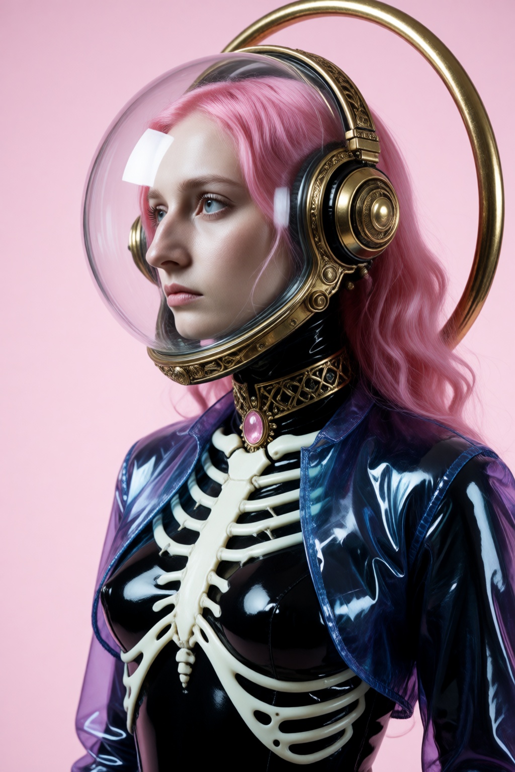 A crisp,  high-gloss studio photograph of a gothic sci-fi female figure in a three-quarter profile against a solid,  clean...