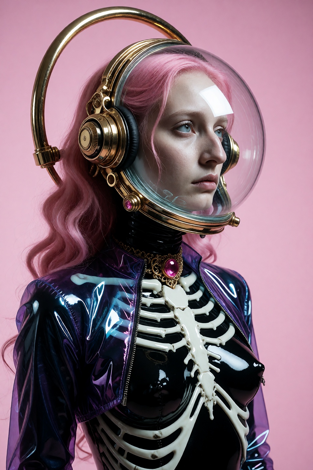A crisp,  high-gloss studio photograph of a gothic sci-fi female figure in a three-quarter profile against a solid,  clean...