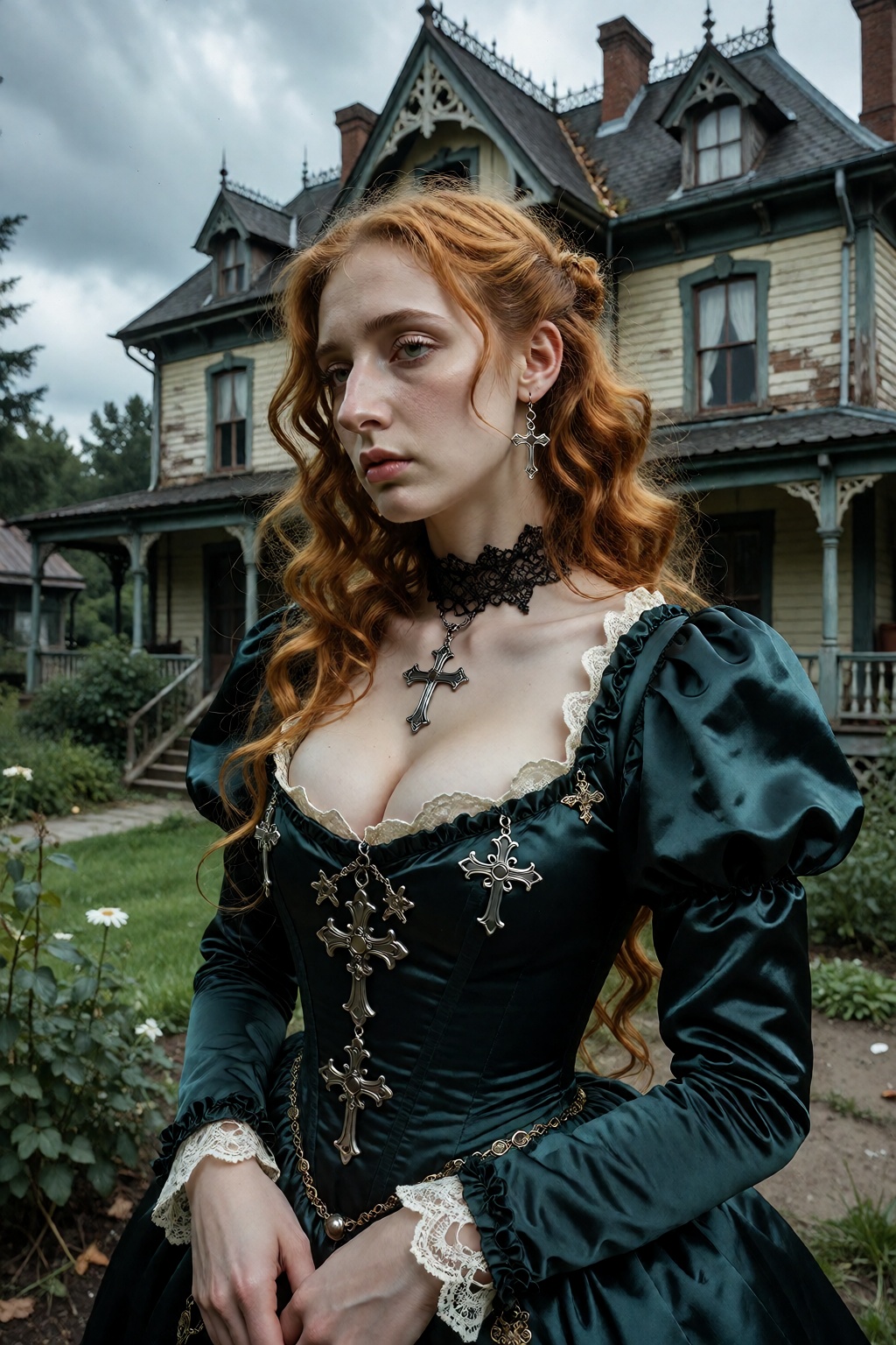 A cinematic,  medium-shot photograph of a solemn woman with long,  wavy on Tensor.Art