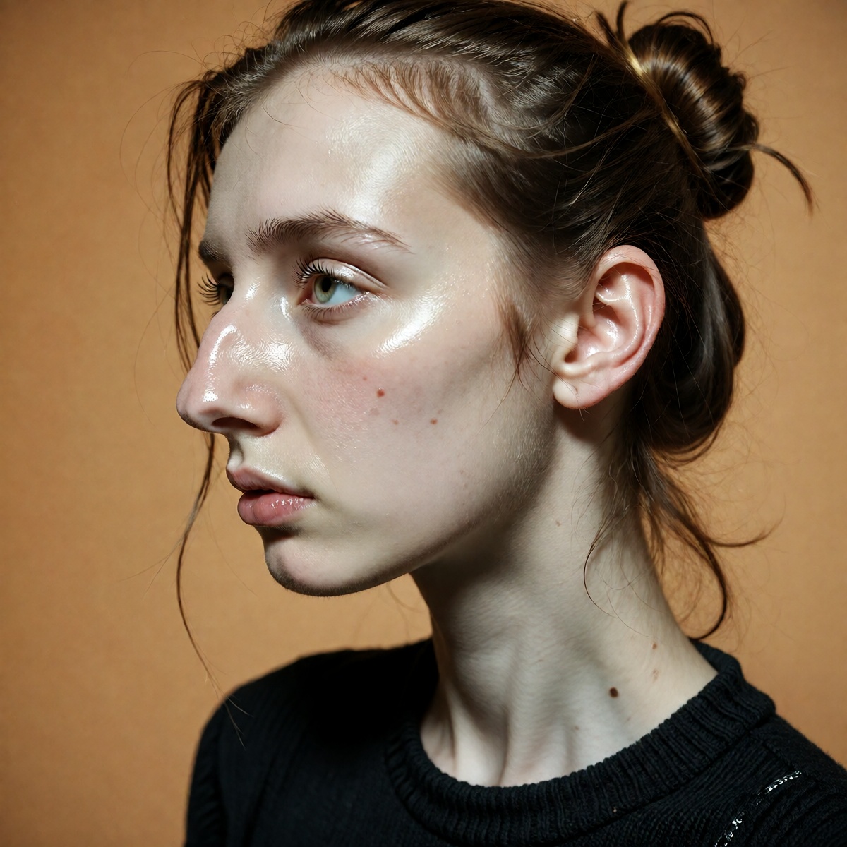 A professional studio close-up profile photograph of a young woman with a unique,  striking facial structure. The woman is...