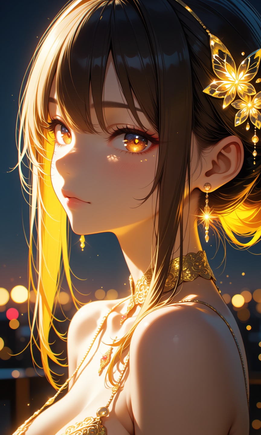 Close-up portrait of elegant anime beauty in golden hour light,  warm golden rays gently caressing her face and shoulders,...