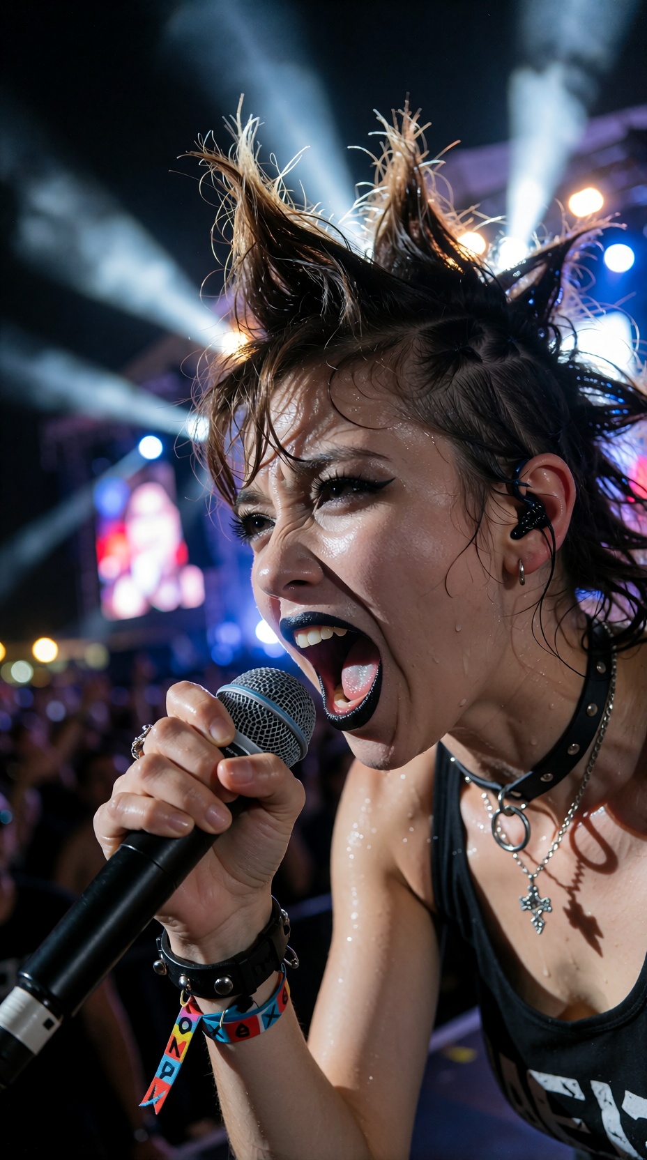 A close-up,  low-angle side view shot of a Korean female punk vocalist on a large outdoor festival stage at night. She is...