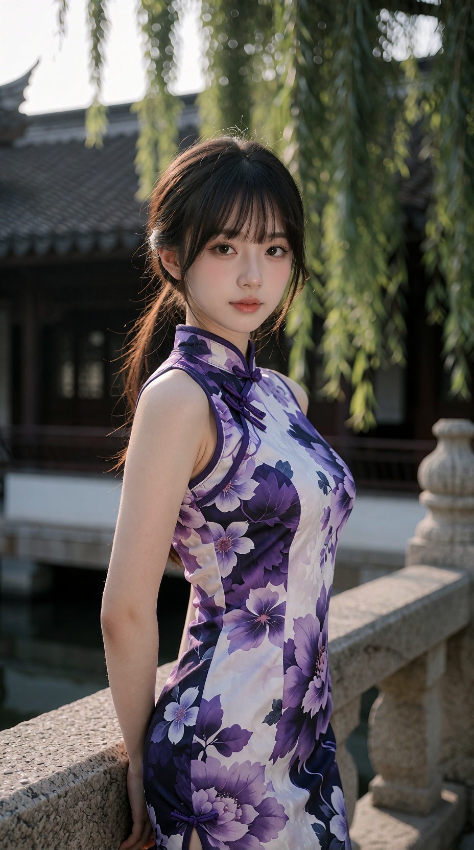 A young East Asian woman,  appearing to be in her late teens or early twenties,  stands on a stone bridge. She has fair sk...