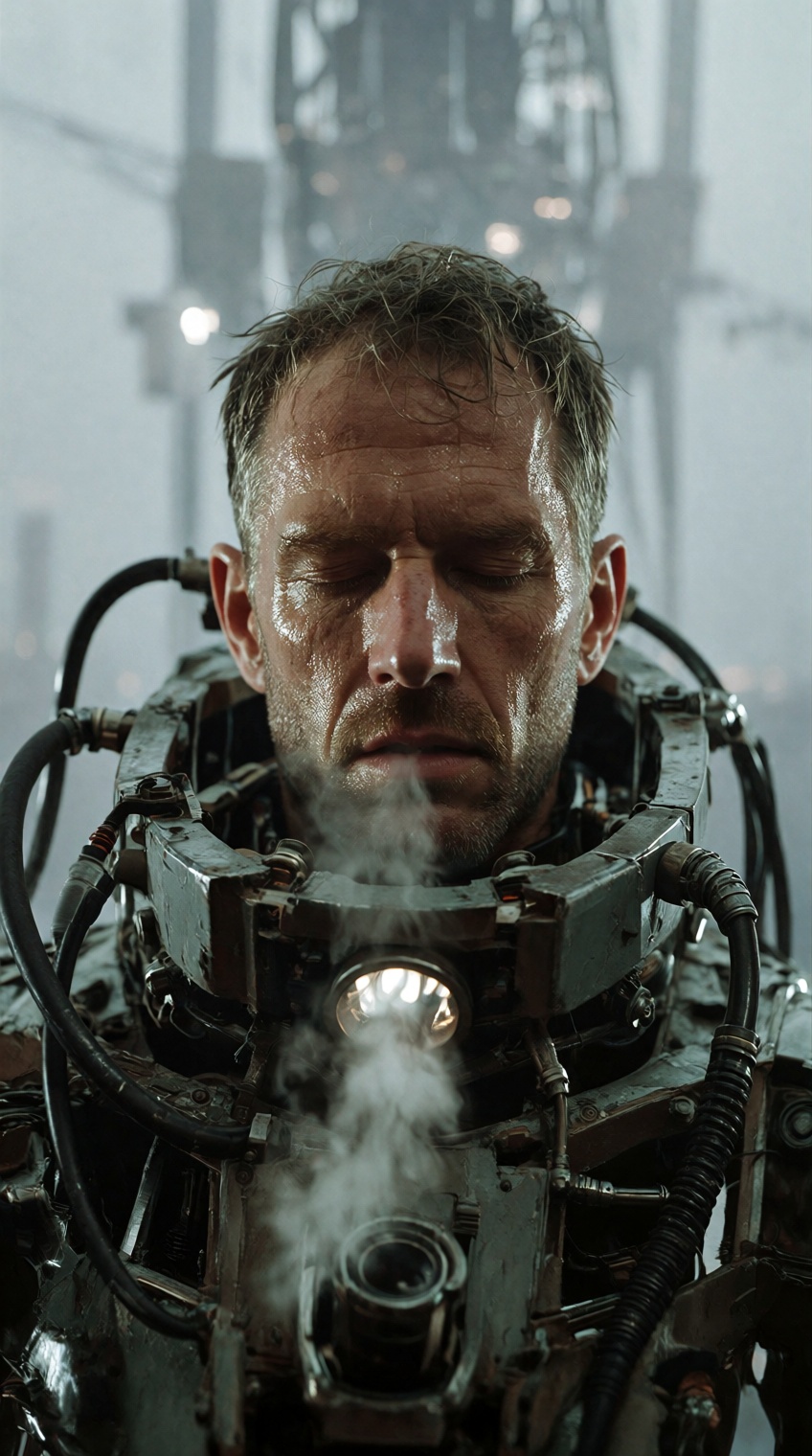 Prompt: A gritty close-up of a middle-aged,  weary worker with sweat-streaked skin and a clenched jaw,  eyes shut in exhau...