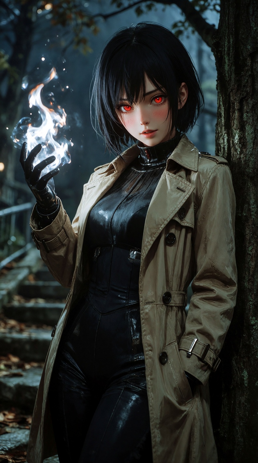 A high-quality semi-realistic anime illustration of a mysterious woman with a short black bob cut and glowing red eyes. Sh...