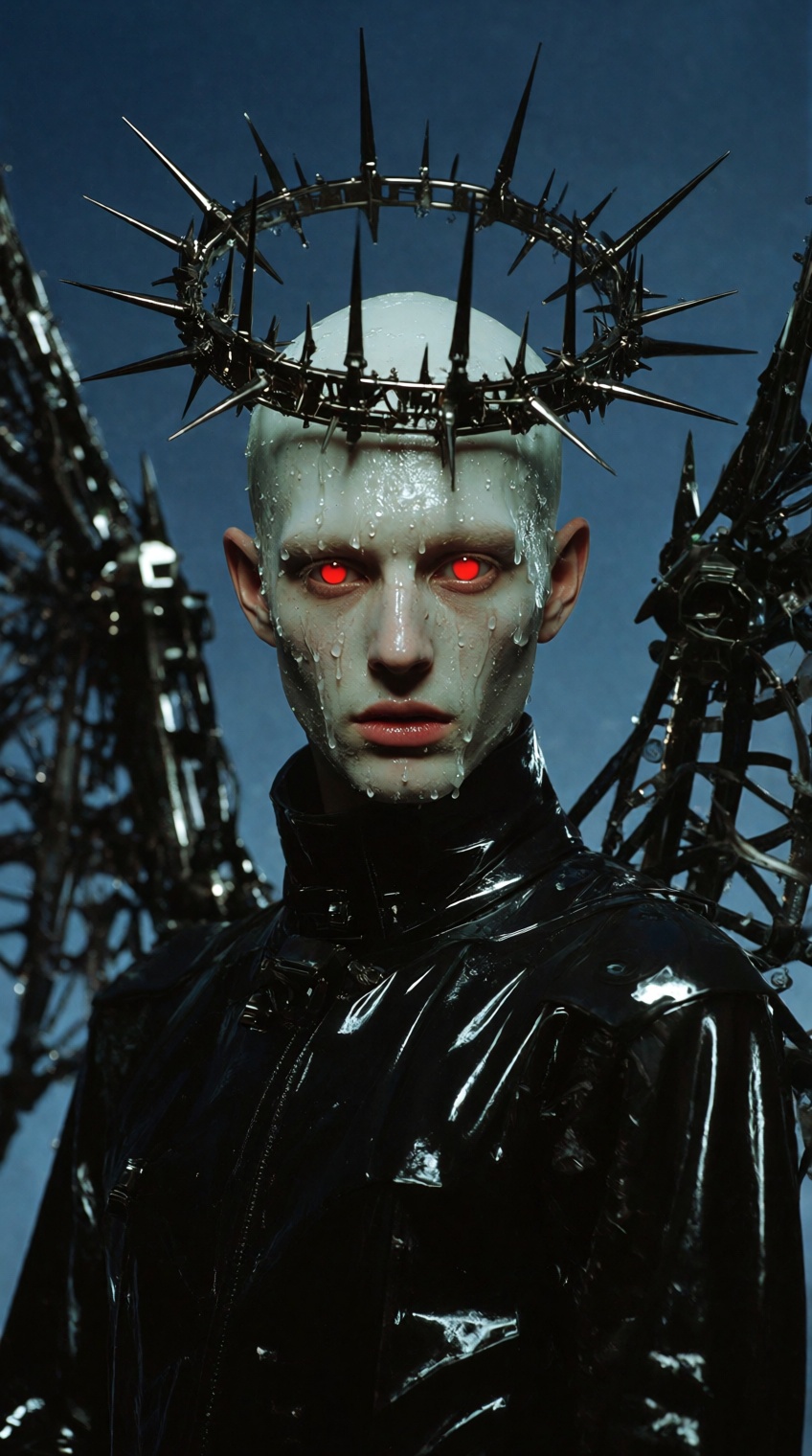 a striking figure with a pale,  bald head and glowing red eyes stands against a dark blue sky,  the individual wears a cro...