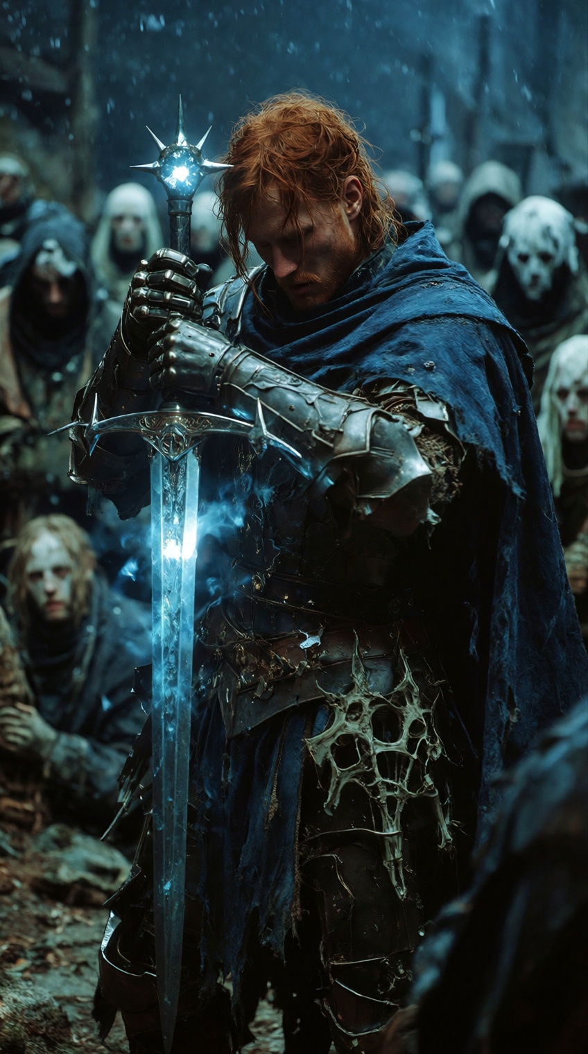 A red-haired warrior in dark,  tattered armor and a flowing blue cloak grips a glowing blue sword with both hands,  its or...