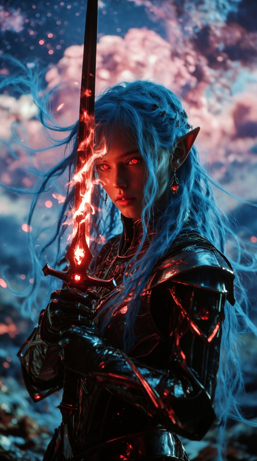 a striking elven warrior stands against a dramatic sky filled with swirling clouds in hues of pink,  blue,  and purple on...