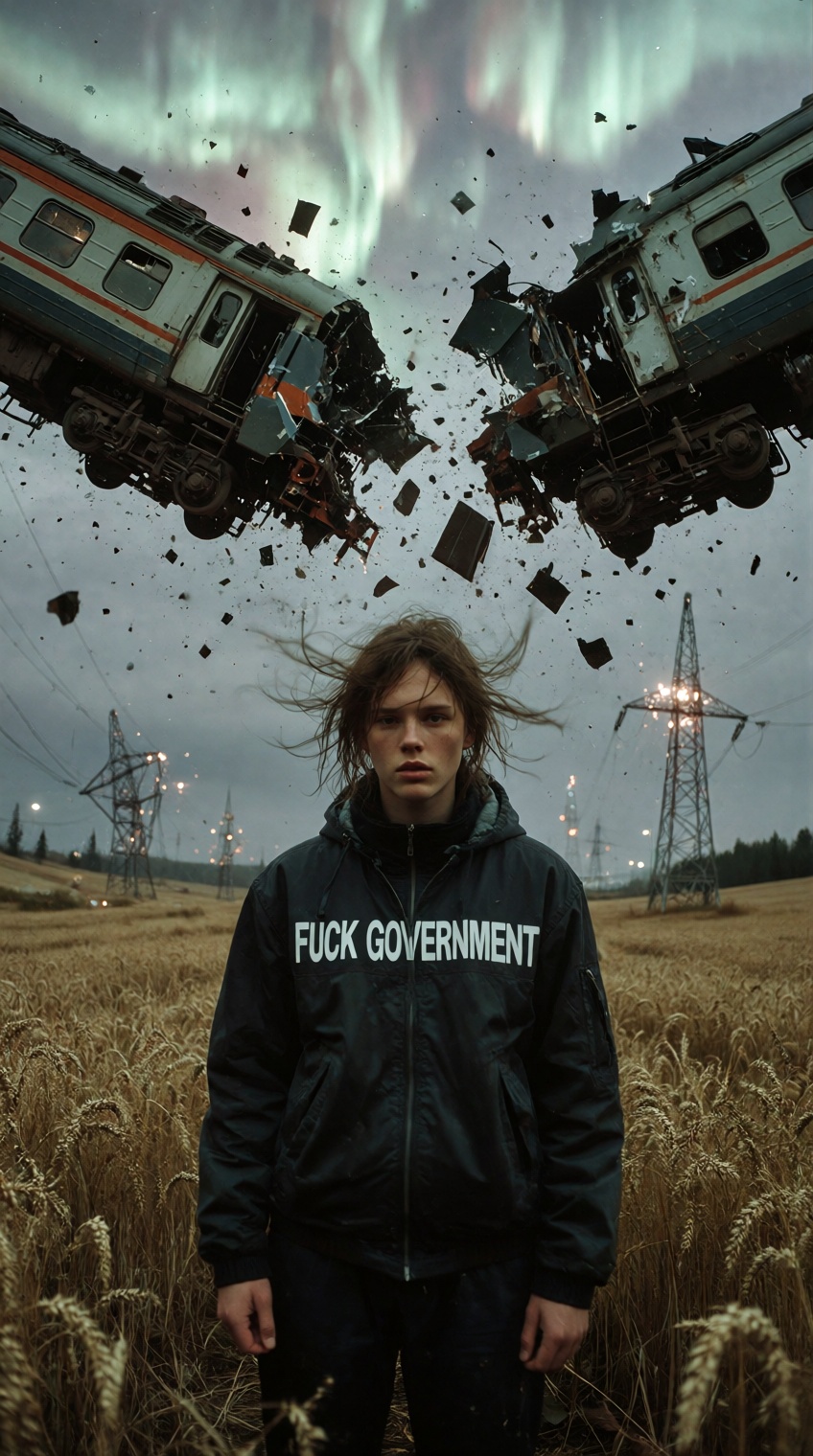 A young woman in a dark jacket with "**** GOVERNMENT" printed across the chest stands in a golden wheat field,  facing for...