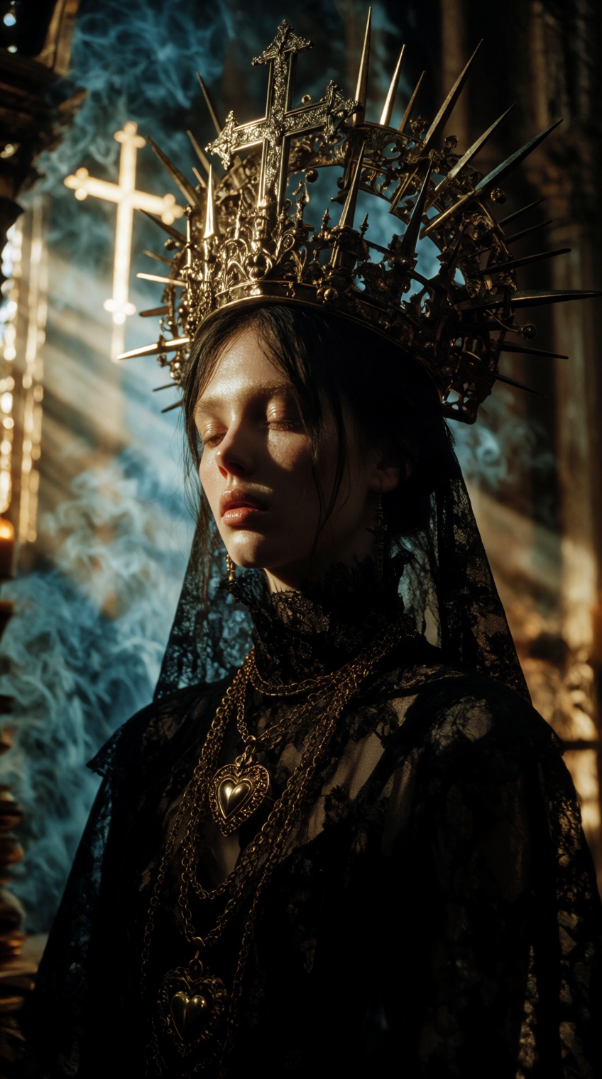 A cinematic,  hyper-detailed portrait capturing a moment of intense,  dark religious ecstasy. The subject is a young woman...