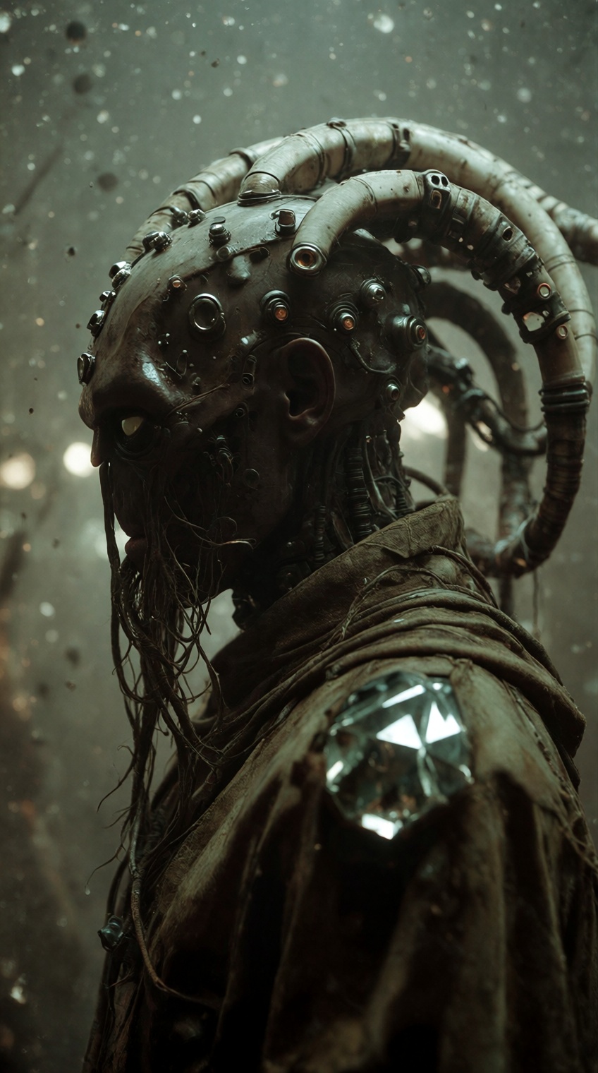 A profile view of a mysterious,  alien-like humanoid with dark skin facing left,  immersed in a thick on Tensor.Art