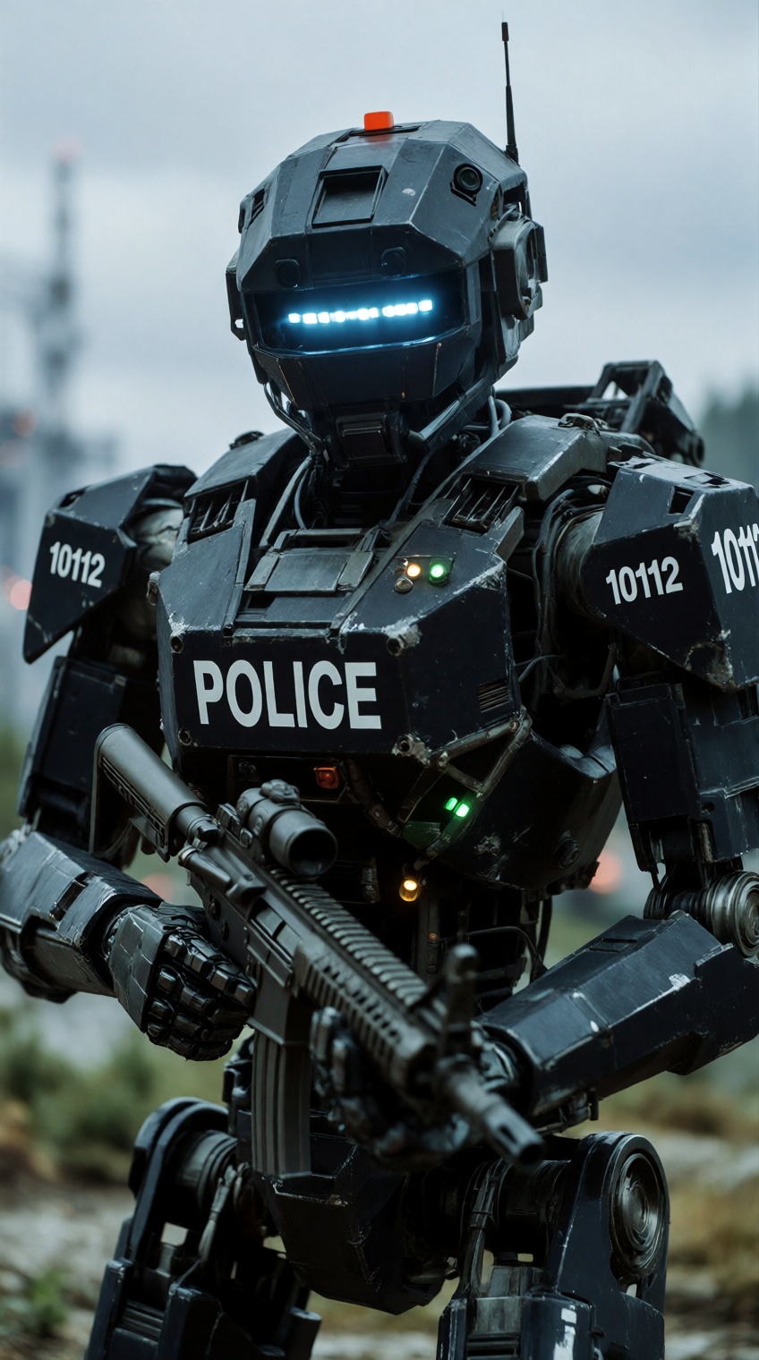 A heavily armored police robot stands in a medium close-up,  its dark matte-black exoskeleton marked with “POLICE” in bold...