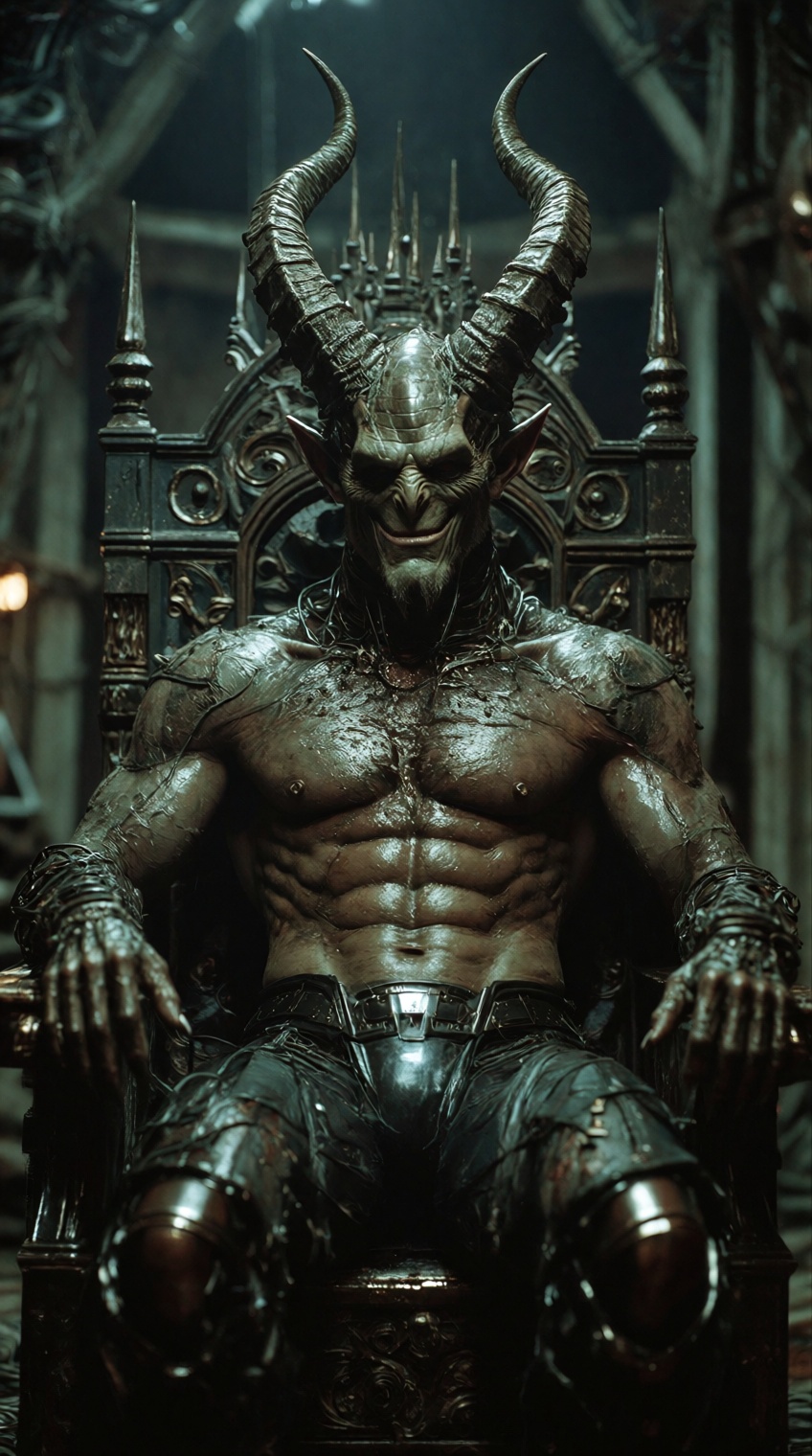 A cinematic,  hyper-realistic analog photograph shot from a low angle. The Devil,  a powerful muscular figure with perfect...