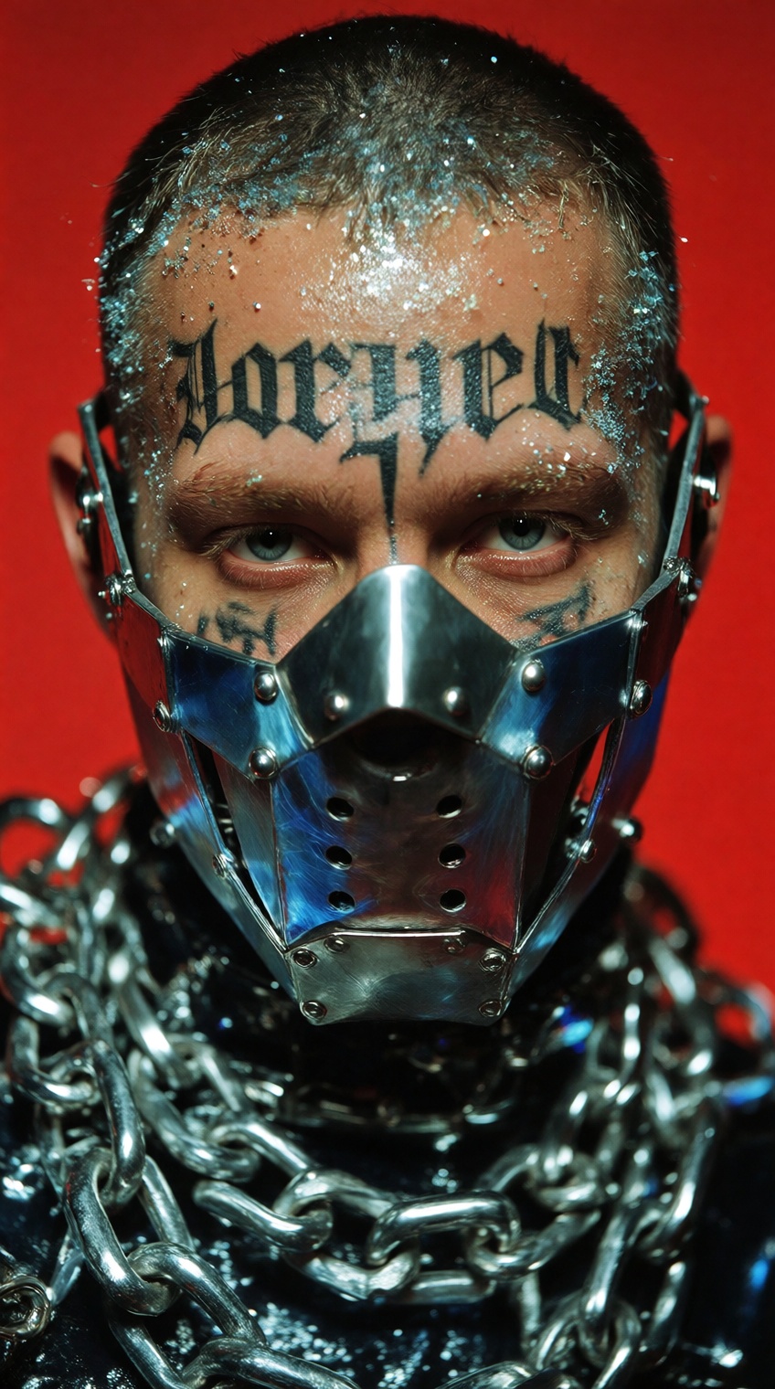 A close-up portrait features a person with a shaved head,  glitter dusted across the forehead and temples,  and bold black...