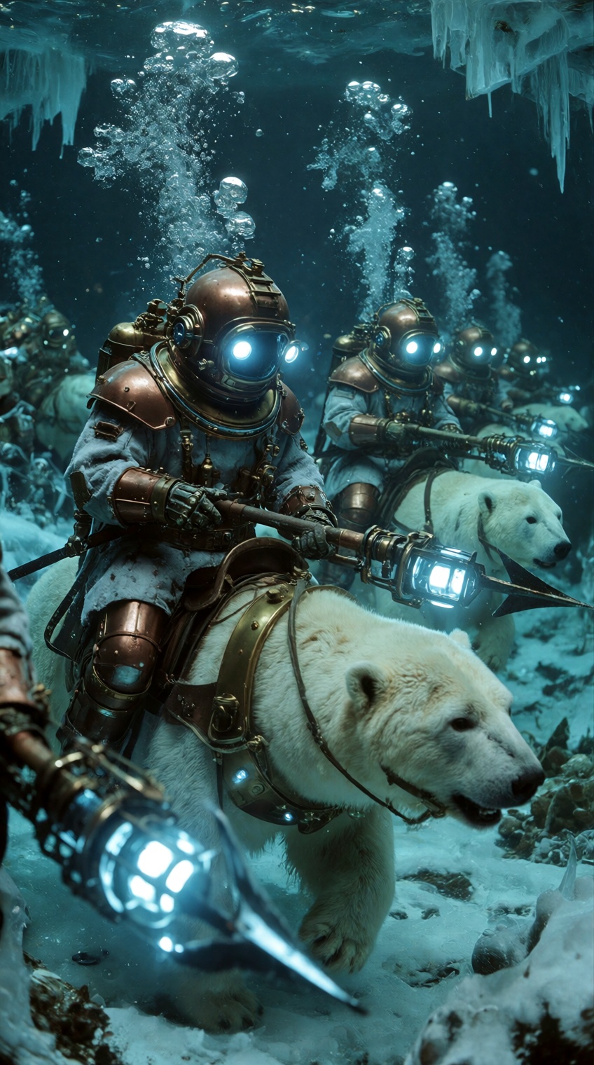 underwater,  a surreal scene unfolds in icy deep waters as armored riders on polar bears move gracefully through the depth...