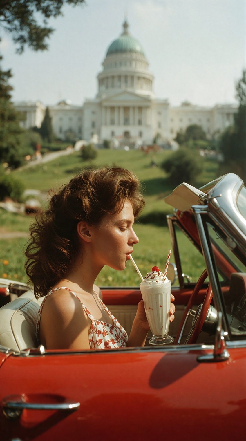 A side-profile shot of a woman with voluminous hair sitting in a red convertible car. she is drinking a milkshake through...