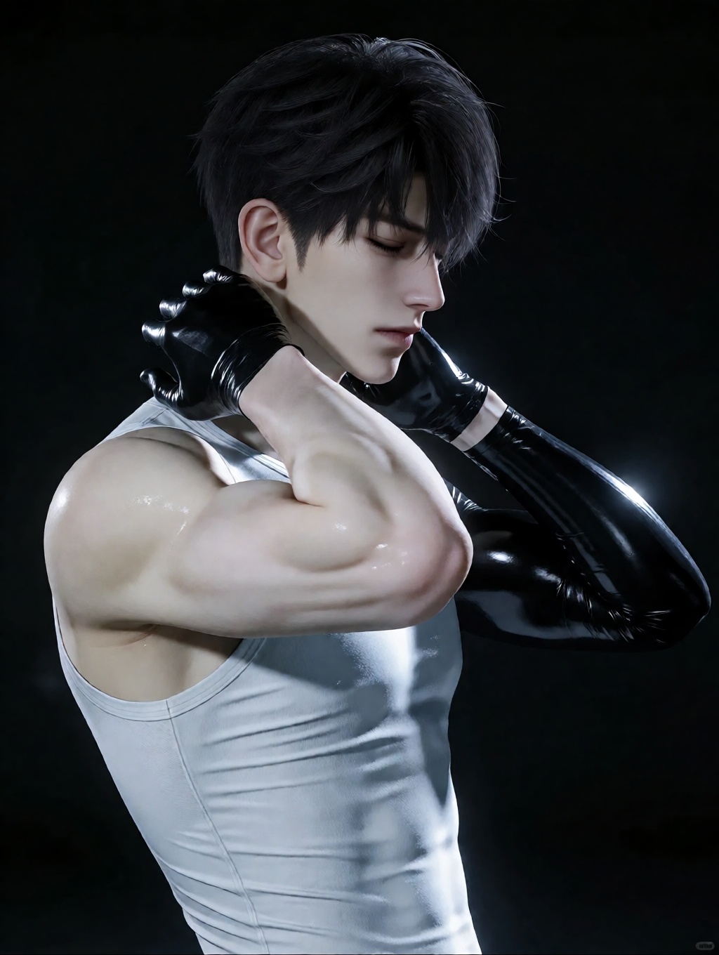 caleb,  A photo-realistic shoot from a profile camera angle about a young man in a sleeveless white **** top adjusting his...