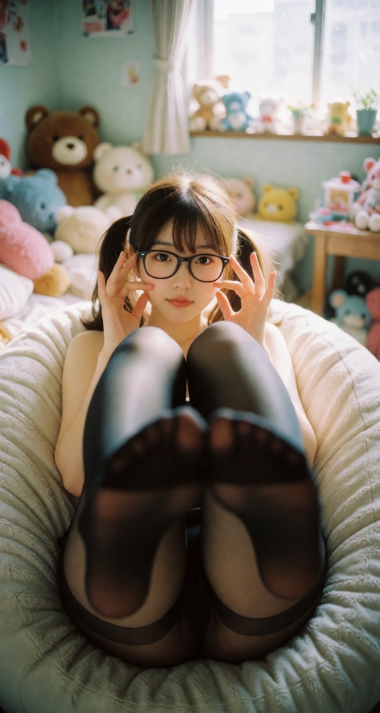 A high-quality portrait of cute Japanese woman relaxing at home in a small,  cozy studio apartment. She wearing an black p...
