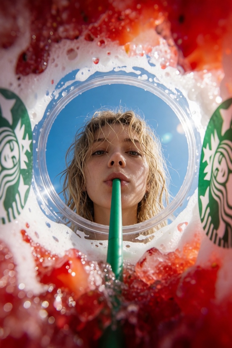 Extreme low-angle macro shot looking straight up from the bottom of a transparent Starbucks cup with thick rim forming cir...