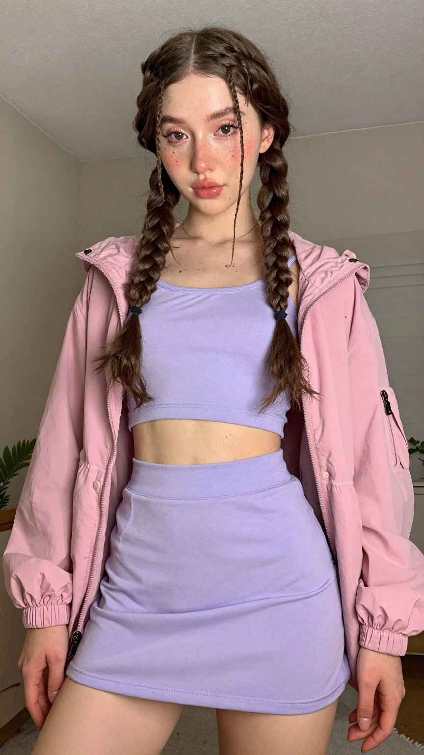 A low-angle shot captures a young,  cute trans woman with very long hair intricately braided on both sides. She has freckl...