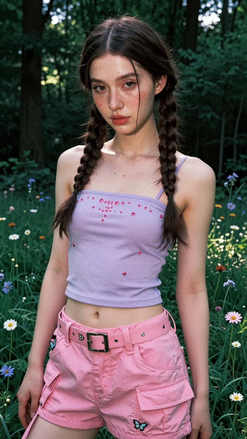 A young cute transgender woman,  low angle shot,  very long hair in two side braids on Tensor.Art