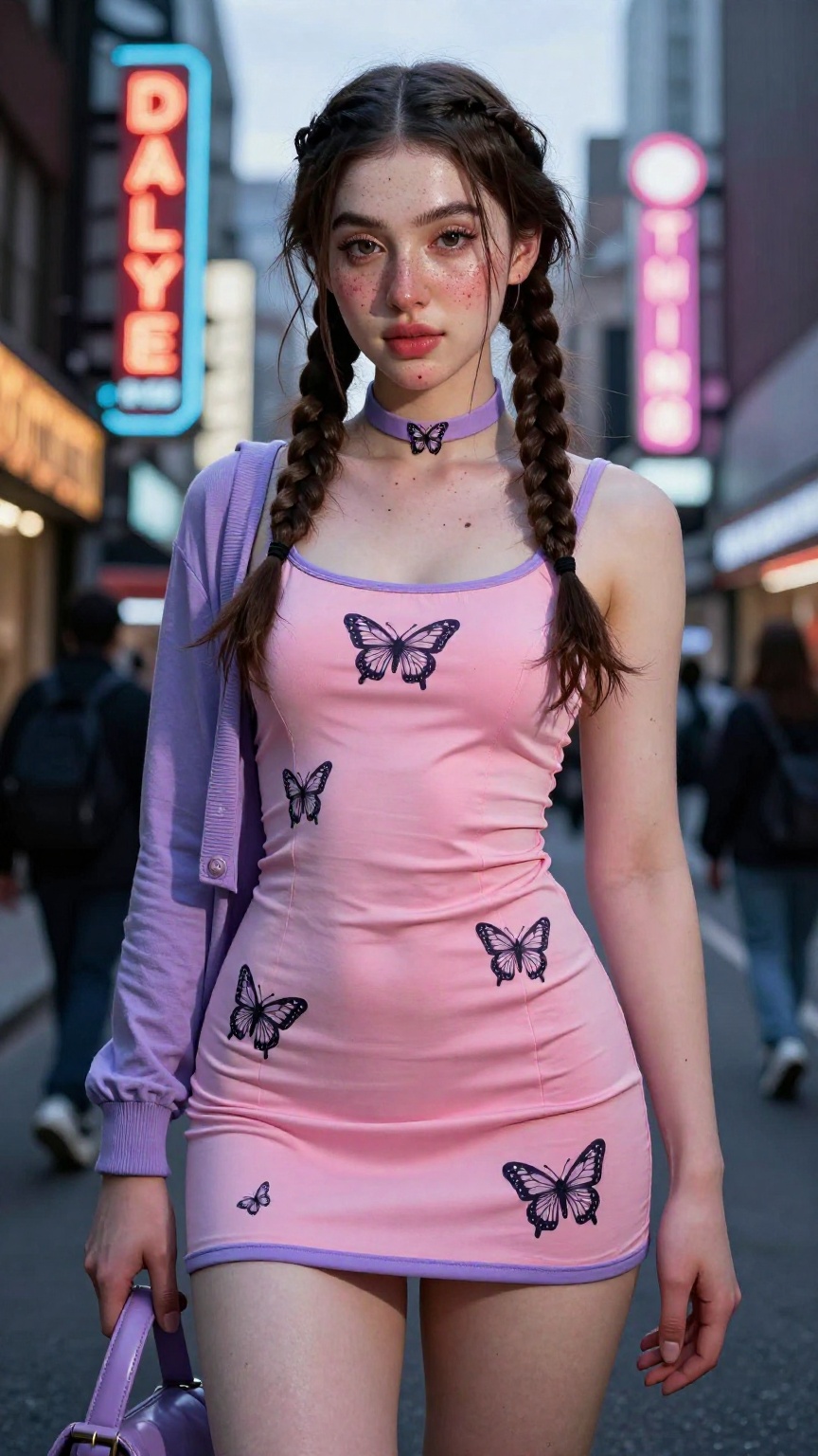 A Low angle shot of a young cute trans women,  very long hair braided 2 side,  freckles on Tensor.Art