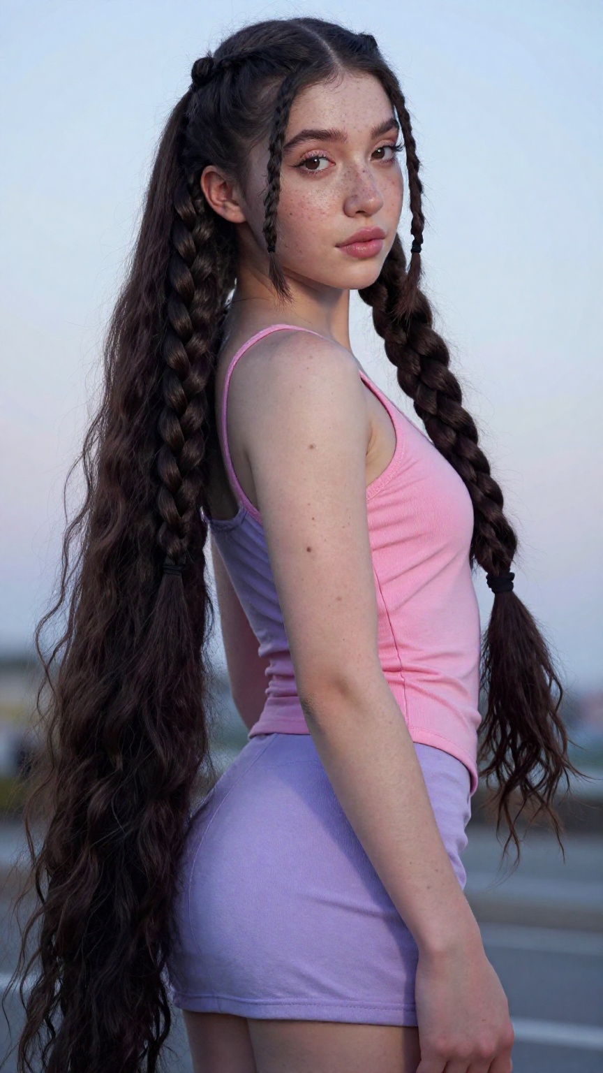 A Low angle shot of a young cute trans women,  very very long hair braided 2 side,  hair long hair floor length hair on Te...