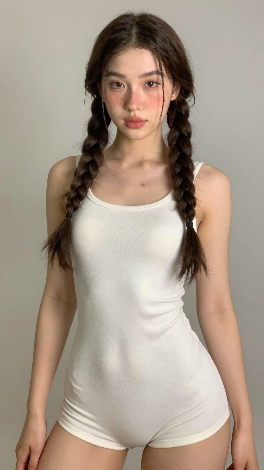A Low angle shot of a young cute trans women,  very long hair braided 2 side,  freckles on Tensor.Art