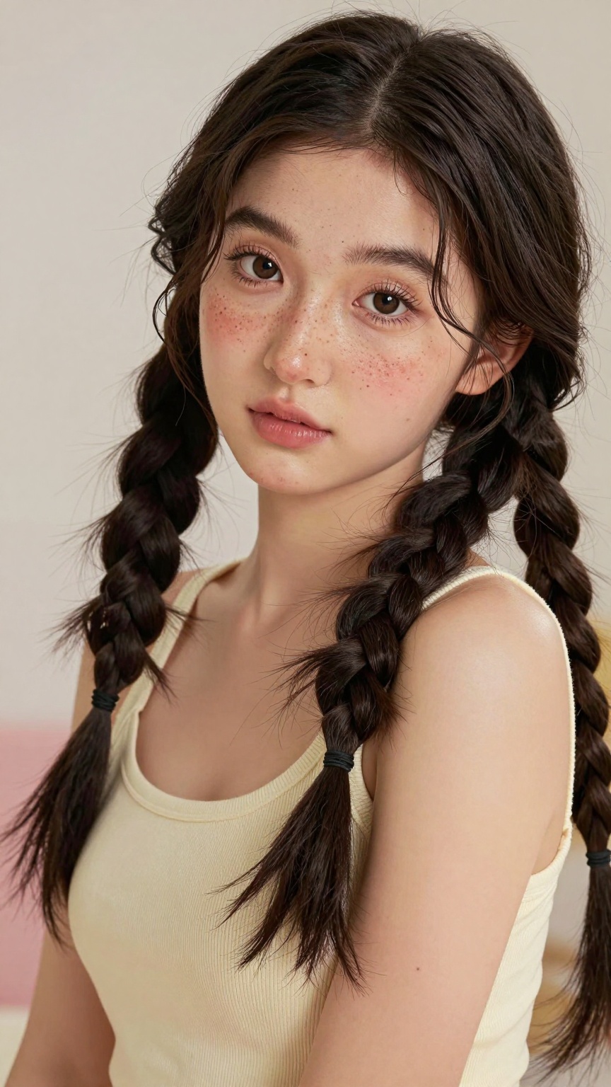 A low-angle shot captures a young,  cute trans woman with very long hair meticulously braided on both sides. She has freck...