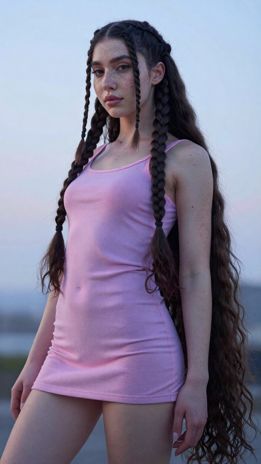 A Low angle shot of a young cute trans women,  very very long hair braided 2 side,  hair long hair floor length hair on Te...