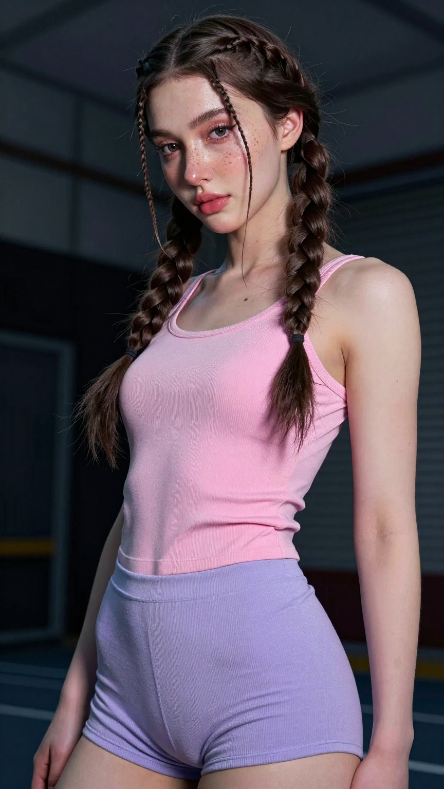 A Low angle shot of a young cute trans women,  very long hair braided 2 side,  freckles on Tensor.Art