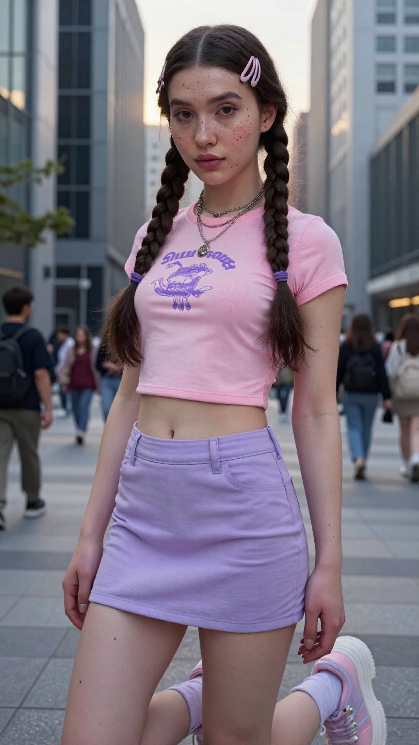 A young cute transgender woman,  low angle shot,  very long hair in two side braids on Tensor.Art