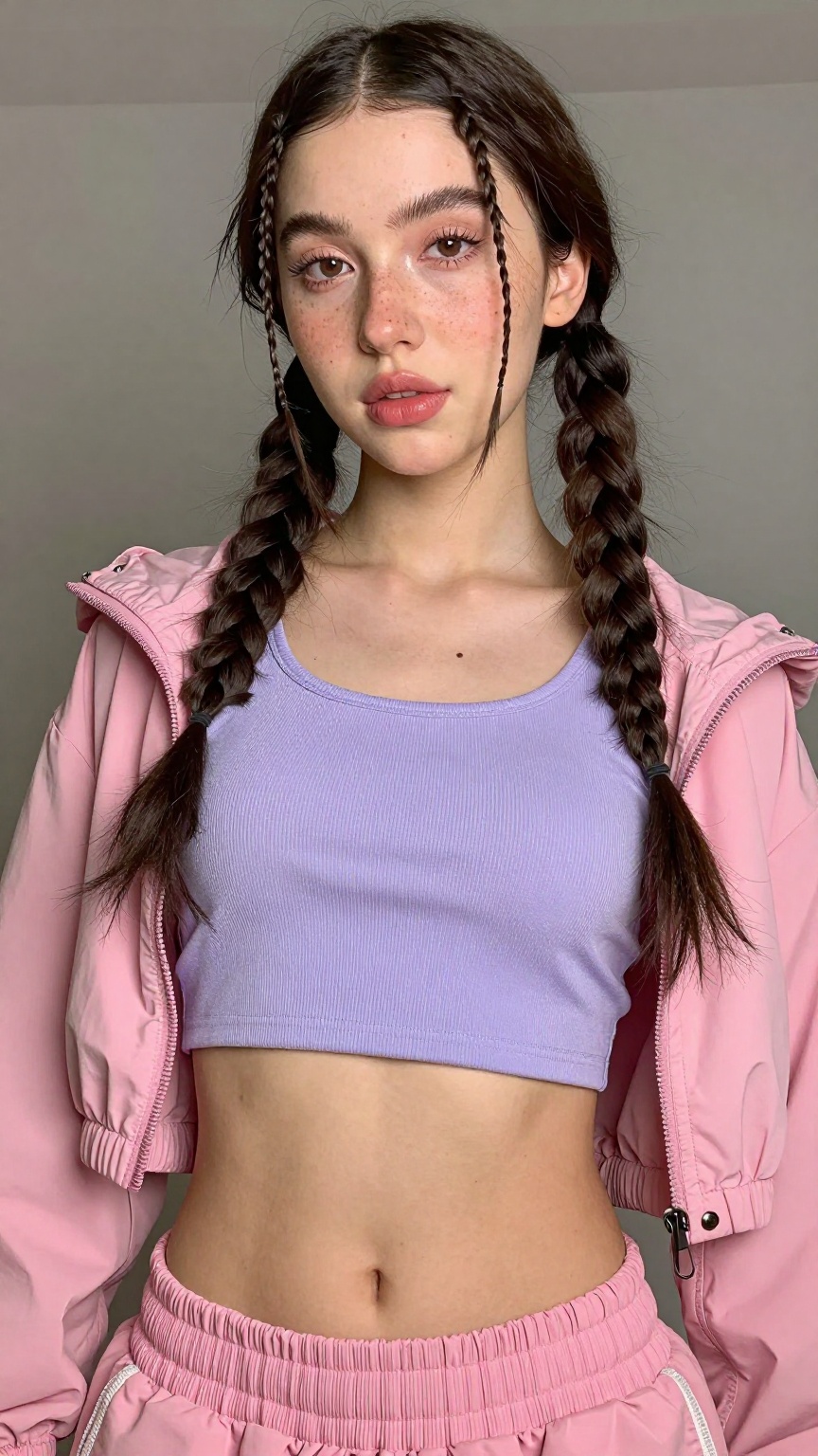 A Low angle shot of a young cute trans women,  very long hair braided 2 side,  freckles on Tensor.Art