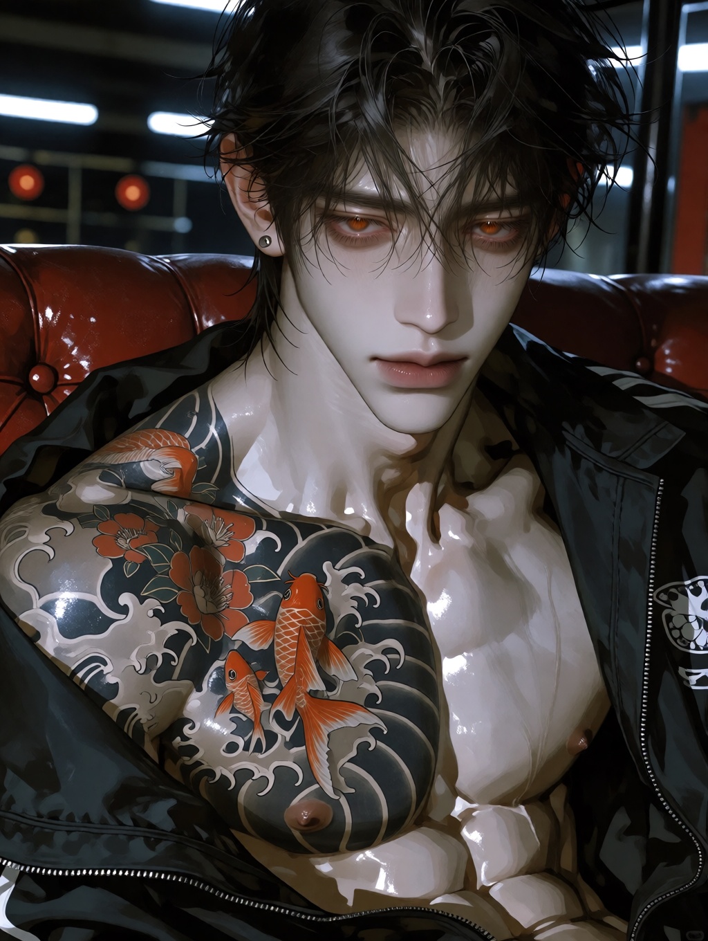 The man has unruly black hair,  pale skin,  and amber or fiery red eyes that stare directly at the viewer. He wears a loos...