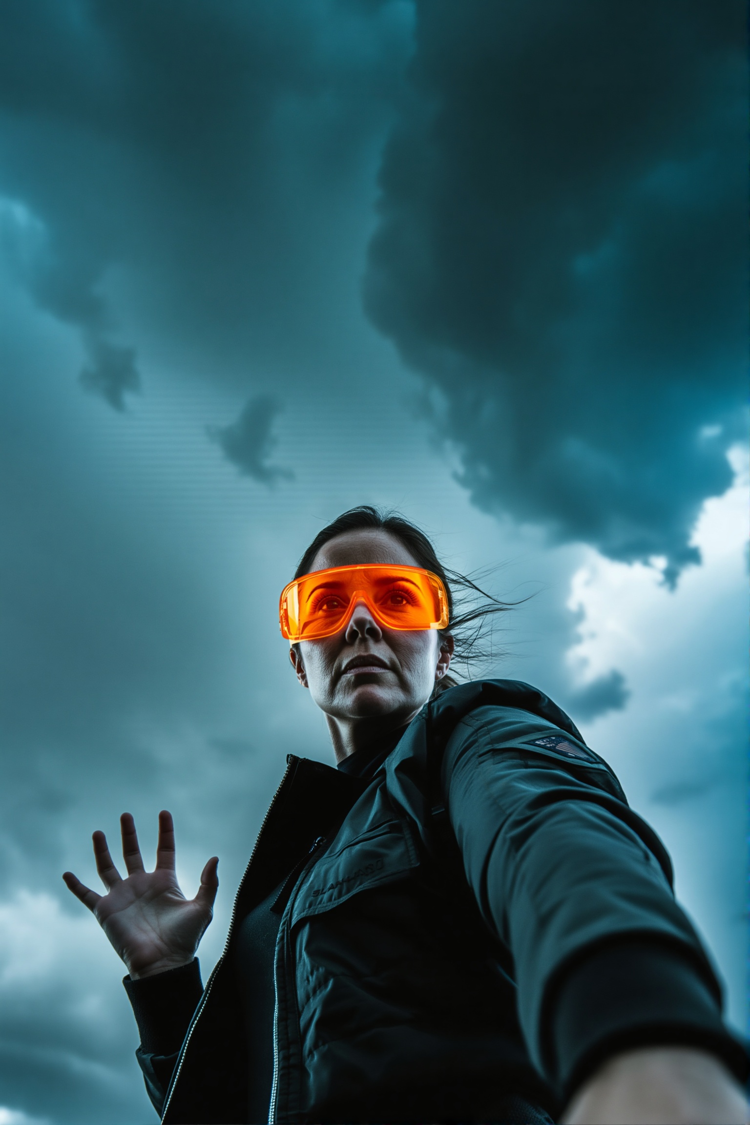 A powerful vertical action movie poster. A low-angle vertical shot looking up at the woman from LoRA as she stares intense...
