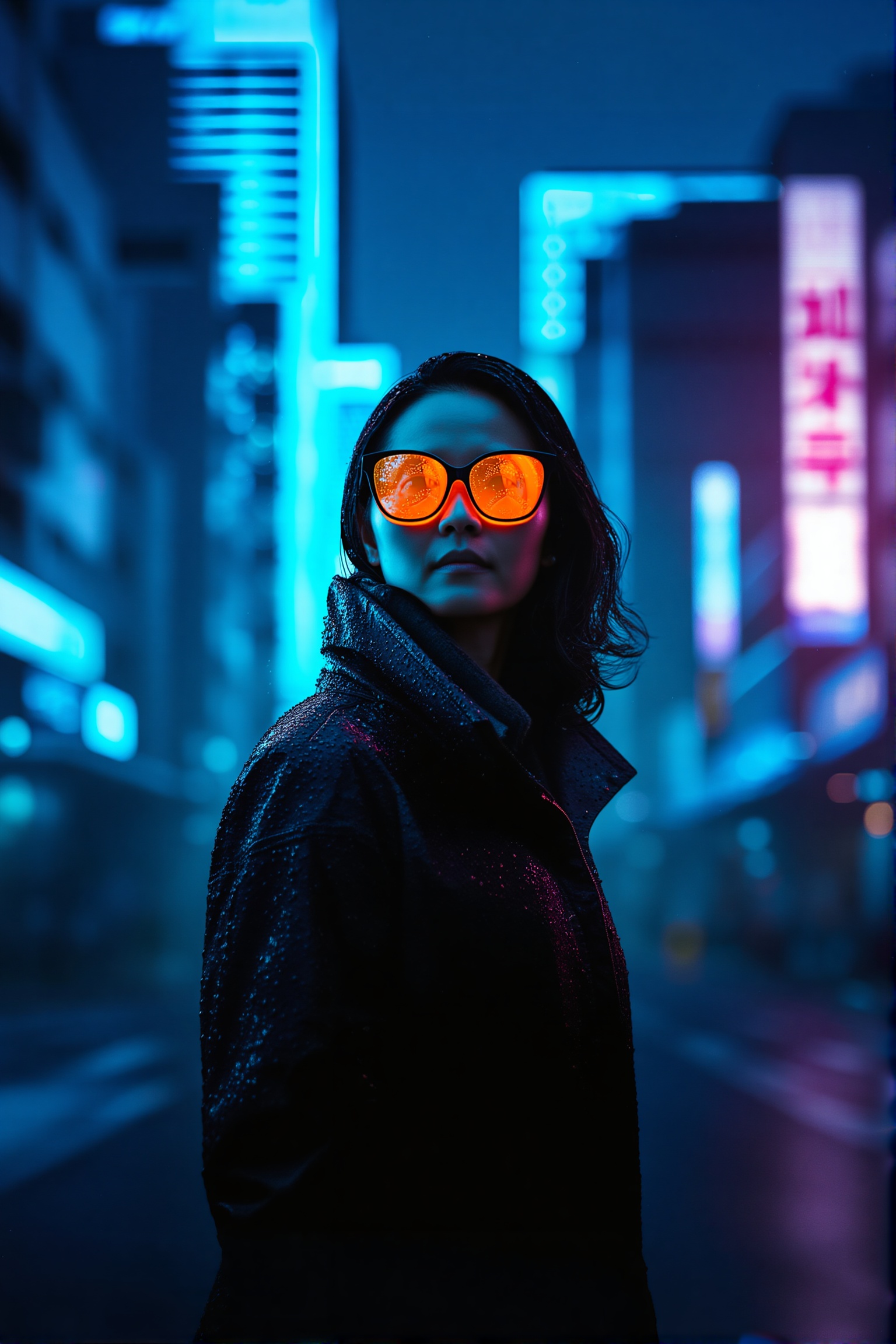 A dramatic vertical cinematic movie poster. A vertical medium close-up of the woman from LoRA,  standing on a rainy street...