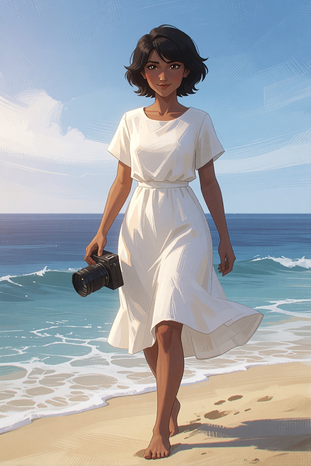 DigitalPaletteKnife. A beautiful young woman with short dark hair,  and brown eyes,  tanned brown skin. wearing a white dr...