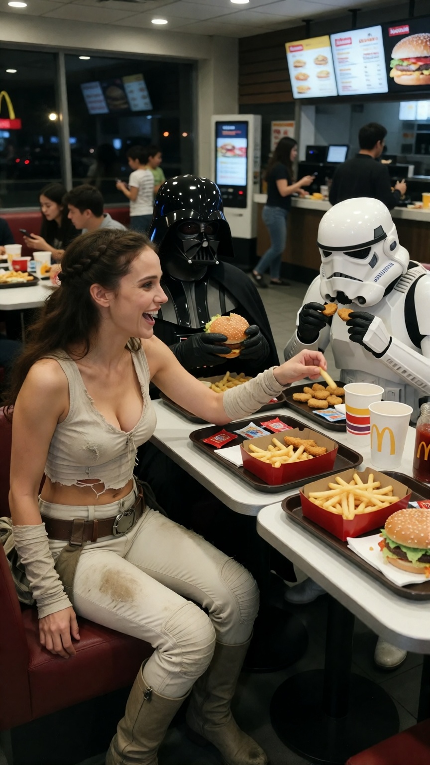 Padmé Amidala sitting inside a brightly lit McDonald's late at night with Darth Vader and a Stormtrooper,  all casually sh...