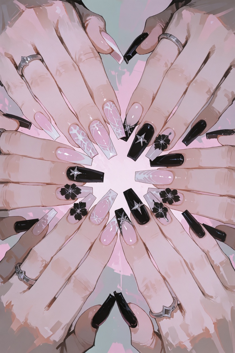 An exquisite anime digital illustration of twelve hands arranged in a perfect,  complete circle pattern. At the center of...
