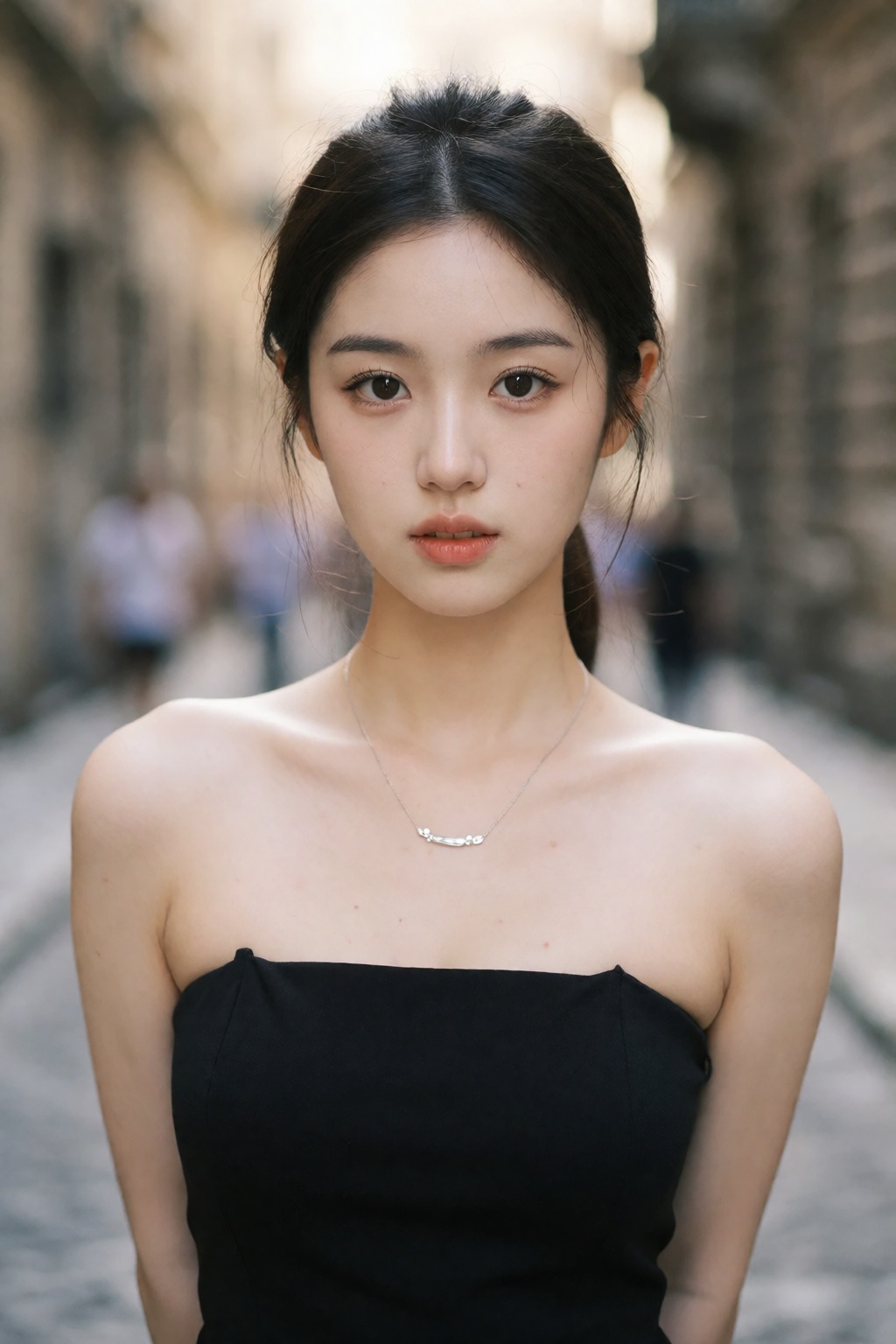这是一张极具真实感的街头抓拍肖像,  展现了一位年轻貌美的亚洲女性。,  肌肤如瓷般光滑细腻 on Tensor.Art