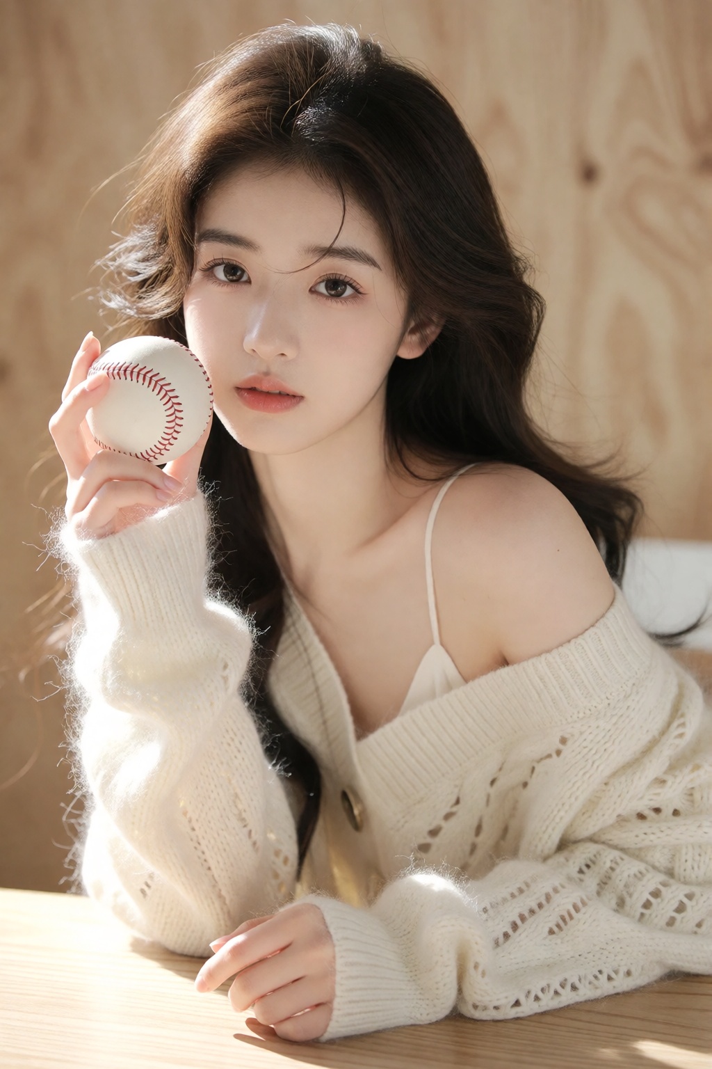 这是一张**竖构图纯欲风居家少女写真人像摄影**： 暖调柔和室内自然光,  主体是长相清纯甜美的年轻东亚女性,  精致鹅蛋脸 on Tensor.Art