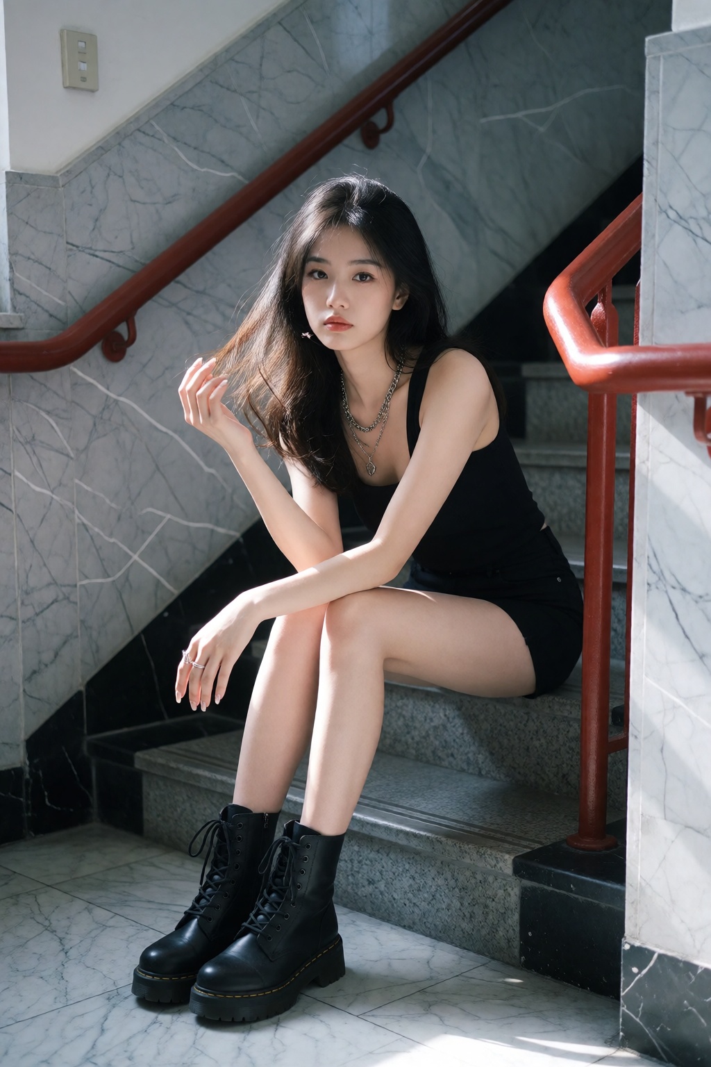 A 20-year-old woman with black hair sits on a staircase inside a quiet building,  framed by gray marble walls and a red me...