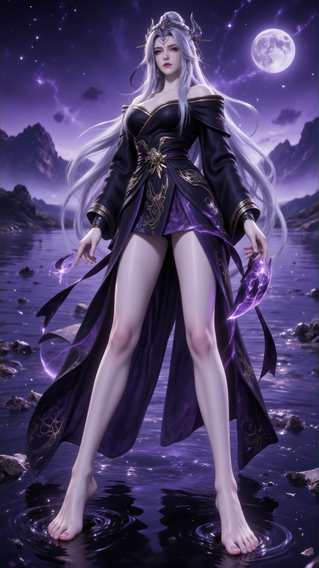 Digital art of a white-haired,  pale-skinned female fantasy character standing in a moonlit,  starry night landscape. She...