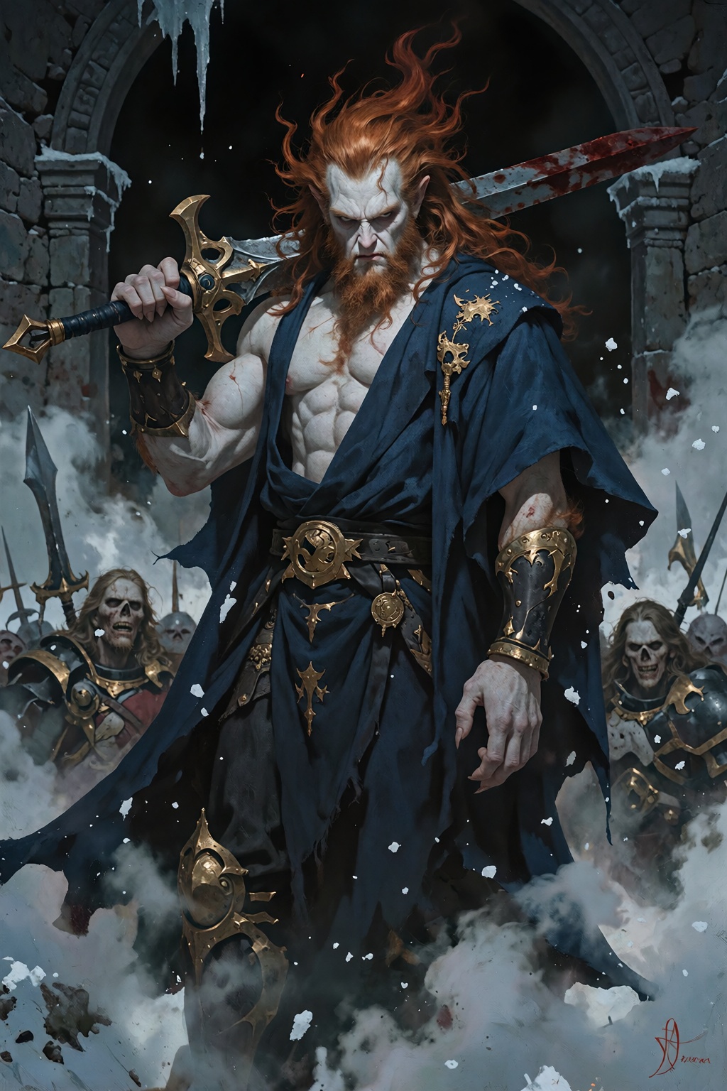 Towering over us is a dark fantasy human-like creature warlord villain,  the Winterlord,  facing us on Tensor.Art