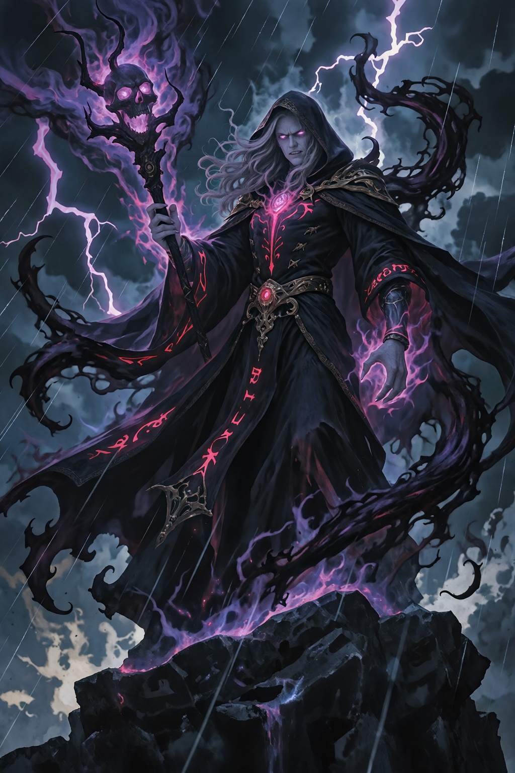 a tall sinister dark wizard with pale skin,  glowing violet eyes,  and long flowing silver hair stands on a jagged obsidia...
