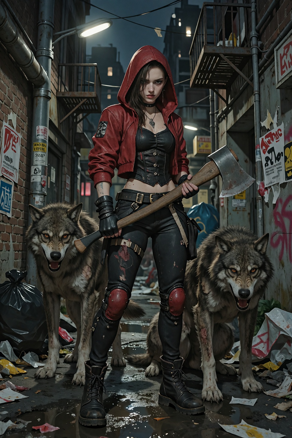 Full-color digital painting with high-detail rendering and clean edges. Gritty urban alleyway setting. Vertical orientatio...