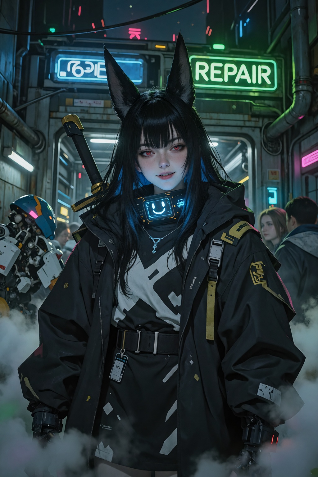 A cinematic wide shot of a woman with long straight black hair and blue highlights standing in a dimly lit cyberpunk alley...